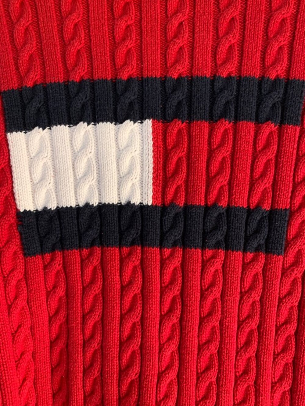 Womens Tommy Hilfiger Red Cable Knit Sweater M Crew Flag Cotton Long Sleeve - Picture 3 of 8